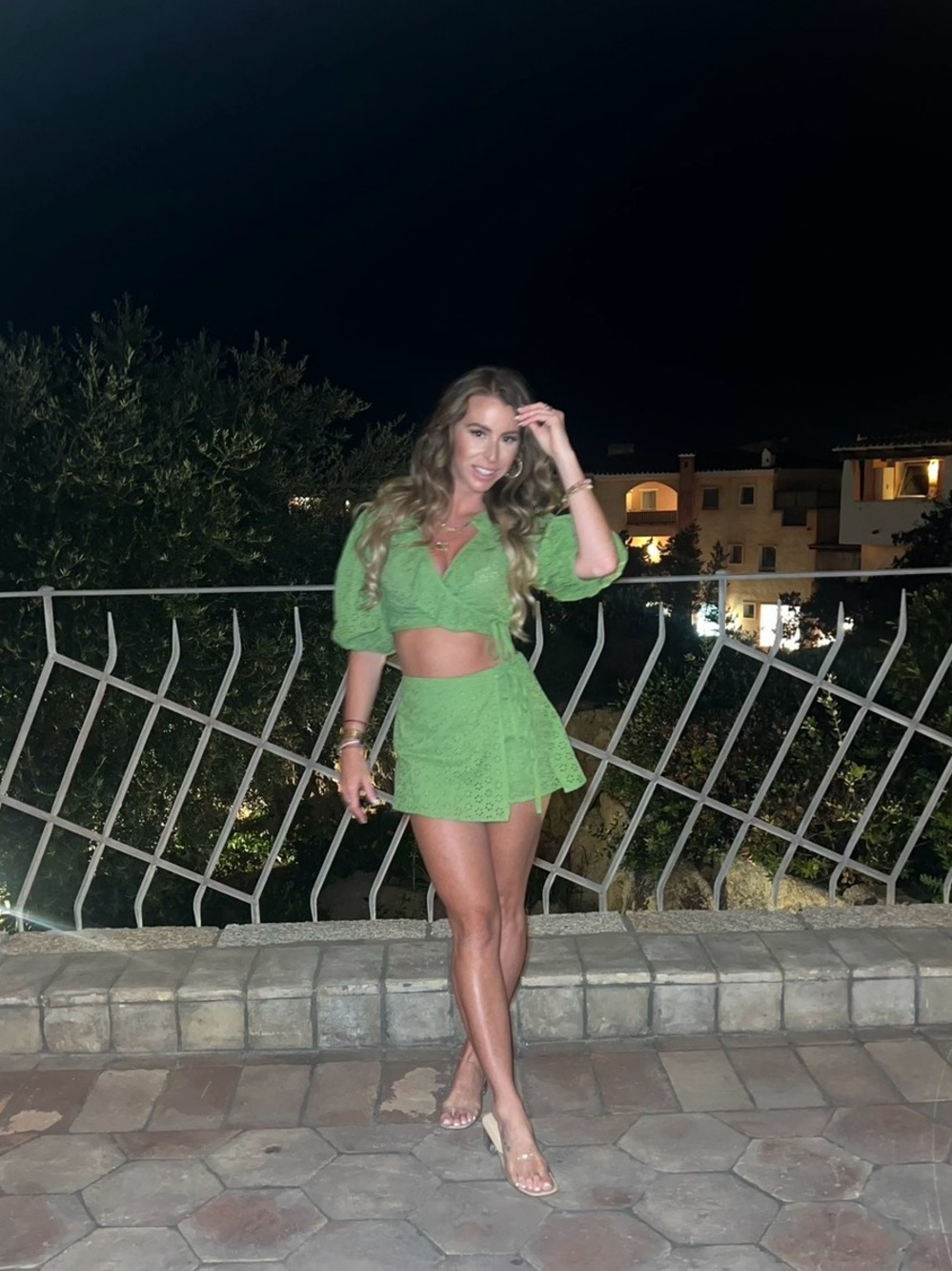 Green Eyelet Two-Piece Crop Top & Skirt Set